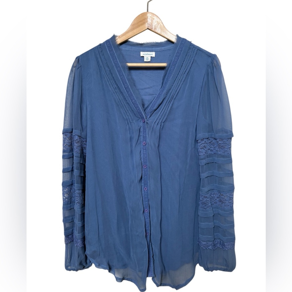 Sundance Blue Sheer Long Sleeve Blouse Top Lace V-Neck Button Up Pintuck